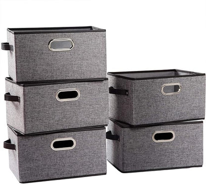 PRANDOM Larger Collapsible Storage Bins for Closet [5-pack] Decorative Linen Fabric Storage Baskets Cubes with Leather/Metal Handles for Living Room Grey (17.3x12.2x10.4 Inch)