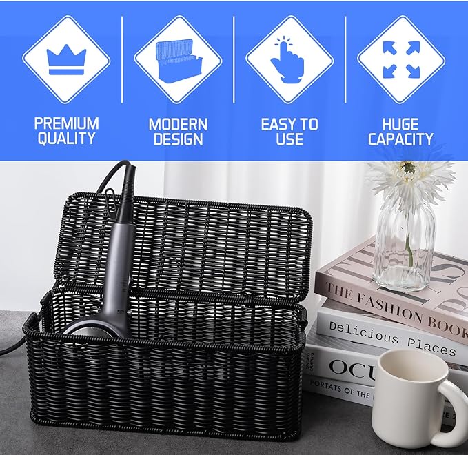 Cable Management Box, Handmade Rattan Cable Organizer with 2 Open Slots, Cord Hider for Power Strip, Router & USB Hub, Registered U.S. Design Patent (D1,112,102), 13" x 5.1" x 5.1", Black