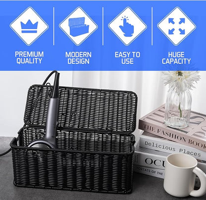 Cable Management Box, Handmade Rattan Cable Organizer with 2 Open Slots, Cord Hider for Power Strip, Router & USB Hub, Registered U.S. Design Patent (D1,112,102), 13" x 5.1" x 5.1", Black