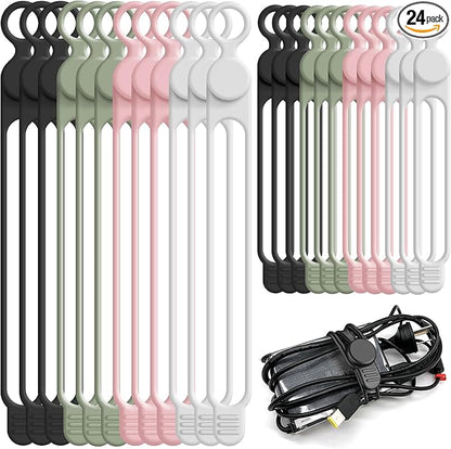 Nearockle Silicone Cable Ties Cord Organizer for Cable Management, 24PCS 4.2" and 7.1" Reusable Cable Organizer Electronic Accessories for Home, Office, Kitchen, School, Travel (4 Colors)