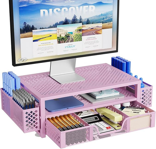 Simple Trending 2 Tier Metal Monitor Stand Monitor riser and Computer Desk Organizer with Drawer and Pen Holder for Laptop, Computer, iMac, Pink