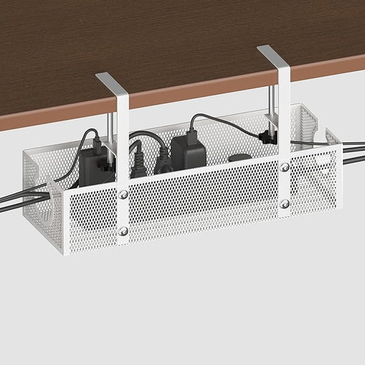 Under Desk Cable Management Tray - Fits up to 1.77" Thick Desks, No-Drill Clamp-on Wire Organizer, Reversible Inward/Outward Install, Heavy Duty Metal Power Strip Holder for Home Office & Gaming Desk