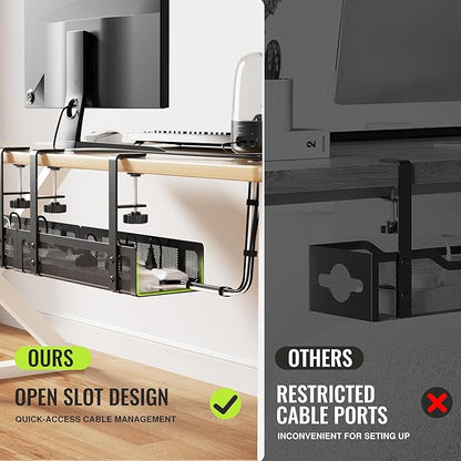 [Upgraded] 2 Pack Cable Management Under Desk Tray, Xpatee 27.6" No Drill Open Slots Cable Management Tray, Cord Wire Organizer Box with Clamp for Table Thickness up to 3" - No Desk Damage(Black)