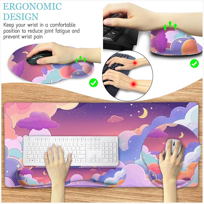 Purple Mouse Pad Large Desk Mat Set, Kawaii Clouds Ergonomic Mouse Pad with Wrist Rest Keyboard Wrist Support XXL Mousepad Cup Coaster Set, Cute Purple Office Desk Accessories Decor Supplies