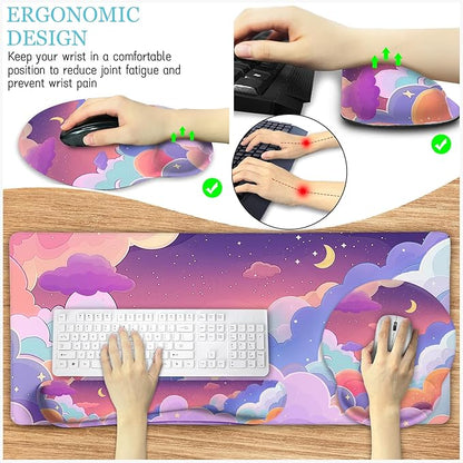 Purple Mouse Pad Large Desk Mat Set, Kawaii Clouds Ergonomic Mouse Pad with Wrist Rest Keyboard Wrist Support XXL Mousepad Cup Coaster Set, Cute Purple Office Desk Accessories Decor Supplies