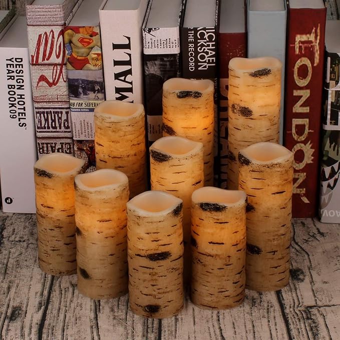 antizer Flameless Candles Birch Bark Effect Battery Operated Candles 4" 5" 6" 7" 8" 9" Set of 9 Real Wax Pillar LED Candles Each Candle 2.2" Diameter with 10-Key Remote Control 2/4/6/8 Hours Timer