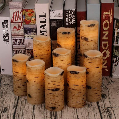 antizer Flameless Candles Birch Bark Effect Battery Operated Candles 4" 5" 6" 7" 8" 9" Set of 9 Real Wax Pillar LED Candles Each Candle 2.2" Diameter with 10-Key Remote Control 2/4/6/8 Hours Timer