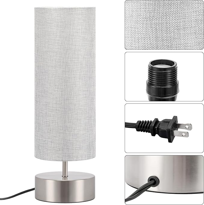 Bedside Touch Lamp, 3 way Touch Control Table Lamp with Silver Base, Modern Gray Nightstand Lamp with Cylinder Shade, Simple Dimmable Night Light for Bedroom Living Room Kitchen, LED Bulb Included