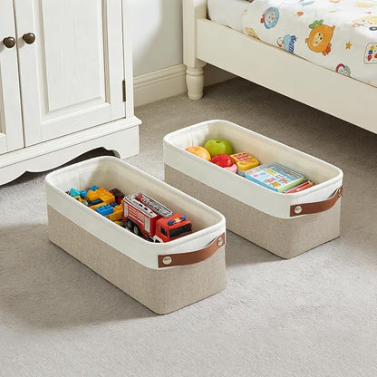 Small Fabric Storage Baskets, 15x6x5 inch Narrow Storage Bins 4-Pack Long Storage Basket for Organizing with Handles, Decorative Basket for Closets, Shelves, Toilet Paper, Beige