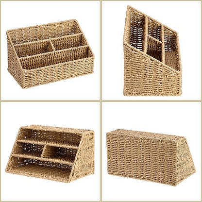 BTSKY Woven Storage Basket Rattan Vertical Wicker Storage Baskets with 4 Compartments Desk Organizers and Storage Magazine File Holder Home Office Supplies Sorter Rack, Wicker Mail Organizer