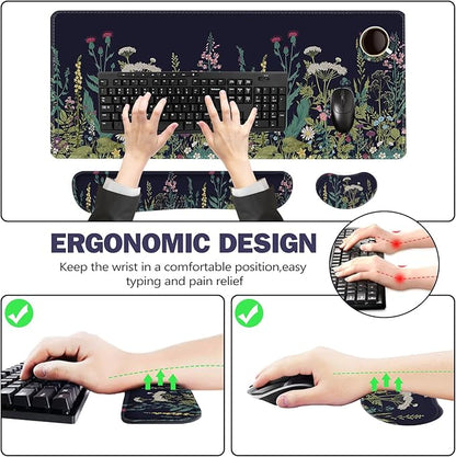 ToLuLu Extended Gaming Mouse Pad, Memory Foam Ergonomic Keyboard Mouse Wrist Rest Support Set, Large Desk Mat with Stitched Edges, Non-Slip Base Mousepad for Home Office Game, Weeds Plants