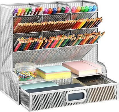Marbrasse Larger Mesh Desk Organizer with Drawer, Multi-Functional Pen Pencil Holder, Desk Organizers and Accessories for Office Art Supplies (Silver Mesh Pen Holder with Drawer)