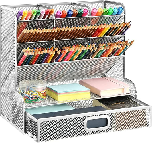 Marbrasse Larger Mesh Desk Organizer with Drawer, Multi-Functional Pen Pencil Holder, Desk Organizers and Accessories for Office Art Supplies (Silver Mesh Pen Holder with Drawer)