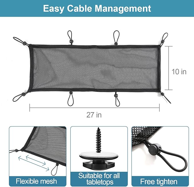 Under Desk Cable Management Net, 36PCS Under Table Cord Management Mesh Organizer Flexible Wire Hiders, Extra Large Capacity Wire Management Kit Under Desk, Fits Most Tables