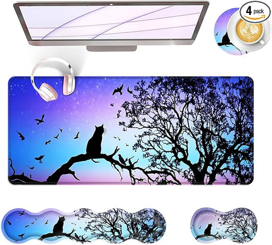 Large Keyboard Mouse Pad Set, Extended Mouse Pad+Keyboard Wrist Rest Support, Memory Foam Ergonomic Easy Typing, 4Pcs (31.5×11.8 in) Desk Pad Set for Office Home,Black Cat Under Starry Night