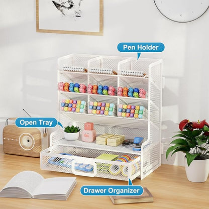Marbrasse Larger Mesh Desk Organizer with Drawer, Multi-Functional Pen Pencil Holder, Easy Assembly, Desk Organizers and Accessories for Office Art Supplies (White)