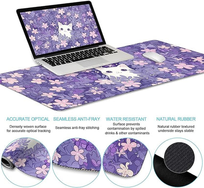 Purple Mouse Pad Large Desk Mat Set, Kawaii Cat Computer Mouse Pad with Wrist Rest Keyboard Wrist Support XXL Mousepad Cup Coaster Set, Cute Purple Office Desk Accessories Cat Decor Supplies