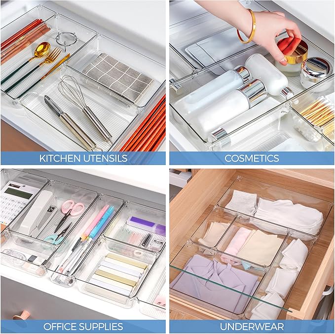 Ravinte 6 Pack Drawer Organizer - 6" X 9" Plastic Storage Bins, Acrylic Organizers with Non-Slip Pads Clear Desk Storage Tray for Makeup, Jewelries, Kitchen Utensils, Bathroom and Office