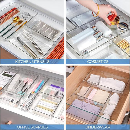 Ravinte 6 Pack Drawer Organizer - 6" X 9" Plastic Storage Bins, Acrylic Organizers with Non-Slip Pads Clear Desk Storage Tray for Makeup, Jewelries, Kitchen Utensils, Bathroom and Office