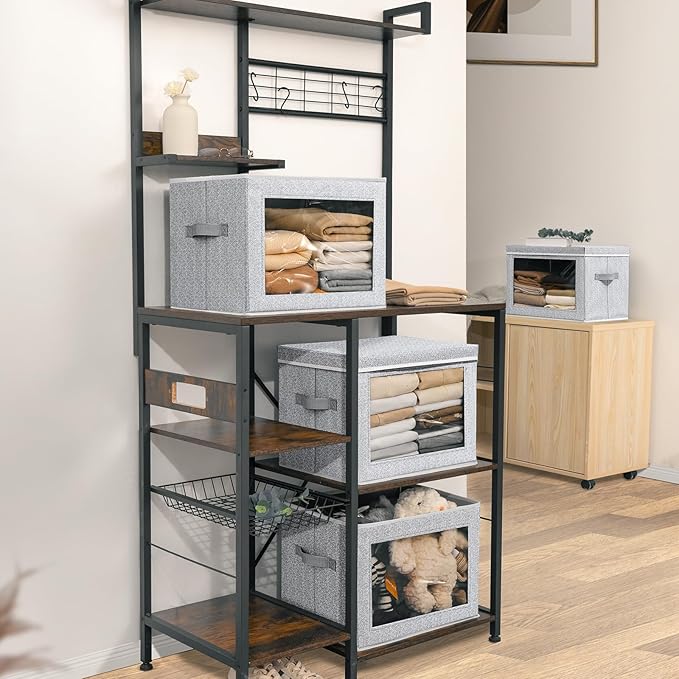 Fabric Storage Bins with Lids, Large Storage Cubes with Window, Fabric Storage Baskets Bins for shelves, Closet Storage Boxes for Clothes, Towel, Office, 4 Packs, Blended