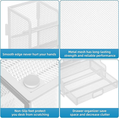 Marbrasse Larger Mesh Desk Organizer with Drawer, Multi-Functional Pen Pencil Holder, Easy Assembly, Desk Organizers and Accessories for Office Art Supplies (White)