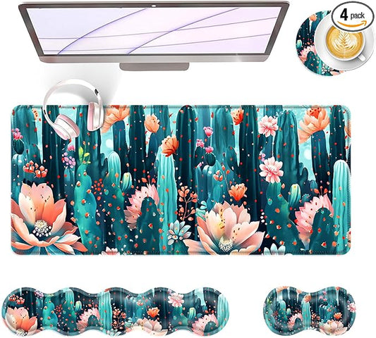Large Keyboard Mouse Pad Set, Extended Mouse Pad+Keyboard Wrist Rest Support, Memory Foam Ergonomic Easy Typing, 4Pcs (31.5×11.8 in) Desk Pad Set for Office Home,Cute Cactus Blooming Flowers
