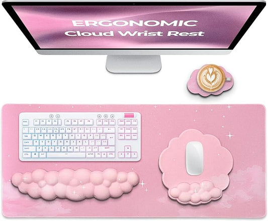 Premium Quality Cloud Wrist Rest Keyboard & Mouse Pad Set – Ergonomic Memory Foam Desk Accessories with Wrist Support for Office & Gaming – Pink