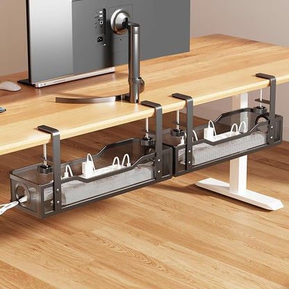 [Upgraded] 2 Pack Under Desk Cable Management Tray, Cinati Cord Organizers for Table Thickness up to 3", 16" Wire Organization with Clamp No Drill, Cable Management Box for Office - No Damage to Desk