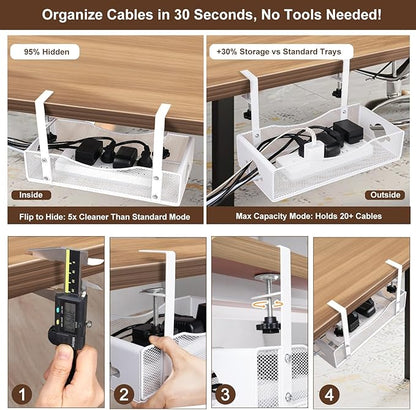 Extra Wide Under Desk Cable Management - No Drill Installation Cable Management Tray, Modern Cord Organizer for Office/Home Desk, Fits Power Strips & Wires((White, XL)