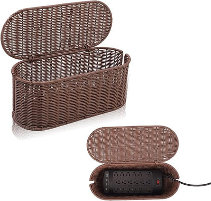 Cable Management Box, Handmade Rattan Cable Organizer, 2 Open Slots Cords Hider Box, Under Desk Cord Organizer for Computer Router USB Hub & Power Strip, Patent Pending, 15.9" x 6.5" x 6.5", Brown