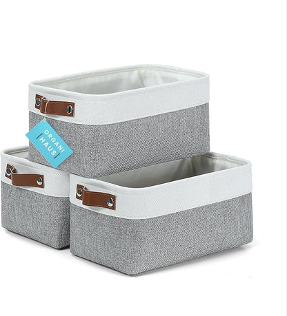 OrganiHaus Small Fabric Storage Baskets for Shelves 3 Pack, 12x08in Closet Storage Bins for Shelves, Canvas Baskets for Organizing, Linen Closet Organizers, Cloth Basket, Gray/Off-White