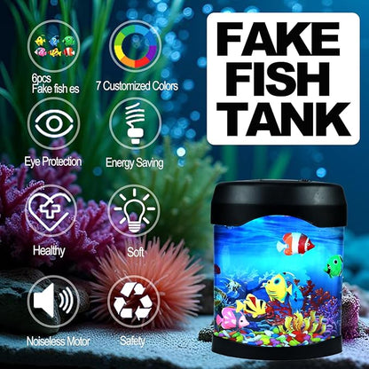 Fake Fish Tank, Aquarium Night Light, 6 Color Changing Lifelike Desk Electric Mood Lamps, Artificial Aquirium Tank with Moving Fishes, Home Decor, Gift for Kids, Adults, ADHD & Autism