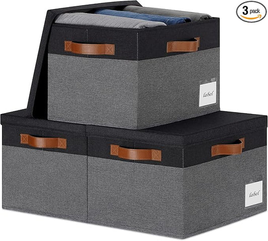 Large Storage Bins with Lids, Foldable Fabric Storage Baskets with Lids, Sturdy Storage Boxes with Labels and 3 PU Handles for Closet Home Bedroom Office (26L, 3 Packs, Grey&Black)