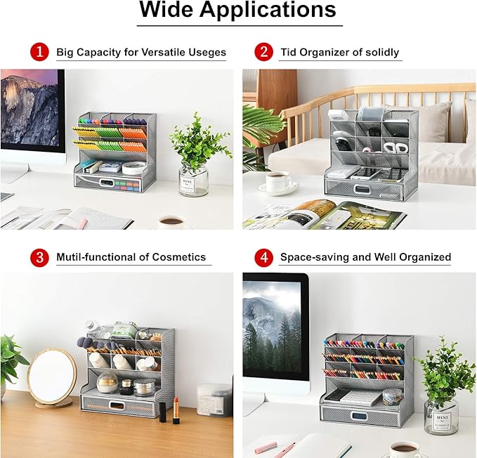 Marbrasse Larger Mesh Desk Organizer with Drawer, Multi-Functional Pen Pencil Holder, Desk Organizers and Accessories for Office Art Supplies (Silver Mesh Pen Holder with Drawer)