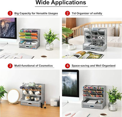 Marbrasse Larger Mesh Desk Organizer with Drawer, Multi-Functional Pen Pencil Holder, Desk Organizers and Accessories for Office Art Supplies (Silver Mesh Pen Holder with Drawer)