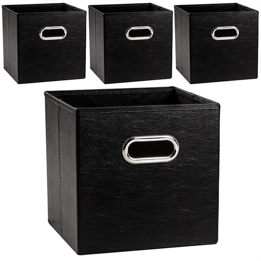 PRANDOM Leather Foldable Cube Storage Bins 11x11 inch [4-Pack] Fabric Storage Baskets Cubes Drawer with Cotton Handles Organizer for Shelves Nursery Closet Bedroom Clothes Black