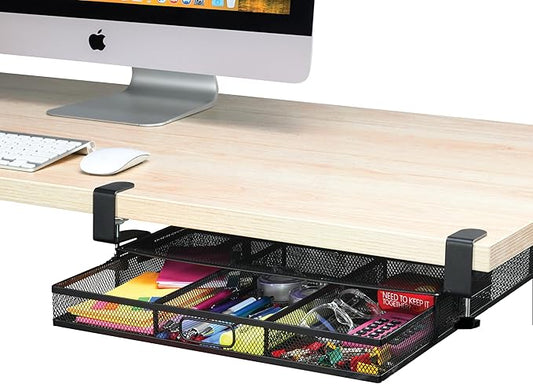 Under Desk Drawer Organizer Clamp-On, Mesh Metal Attachment, 1 Drawer Slide Out, On or Under Desk Organizer for Office Supplies & Home Essentials