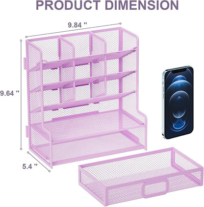 Marbrasse Larger Mesh Desk Organizer with Drawer, Multi-Functional Pen Pencil Holder, Easy Assembly, Desk Organizers and Accessories for Office Art Supplies (Purple)