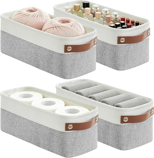 Small Fabric Storage Baskets, 15x6x5 inch Narrow Storage Bins 4-Pack Long Storage Basket for Organizing with Handles, Decorative Basket for Closets, Shelves, Toilet Paper, Grey
