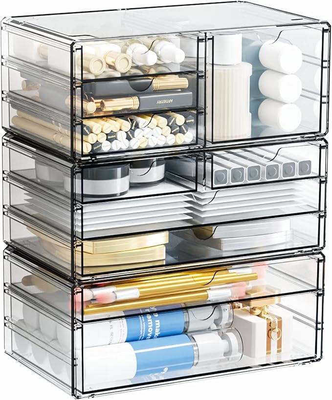 Yieach 3 Pack Clear Storage Drawers With 10 Drawers,Stackable 11.1” Large Acrylic Drawer Organizer and Makeup Organizer For Vanity,Bathroom Countertop,Cabinet,Pantry,Office Supply Storage Bins Drawers