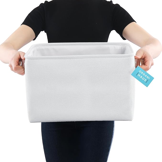 OrganiHaus Large Fabric Storage Baskets for Shelves 3 Pack, 15x11in Closet Storage Bins for Shelves, Canvas Baskets for Organizing, Linen Closet Organizers, Cloth Basket, Off-White