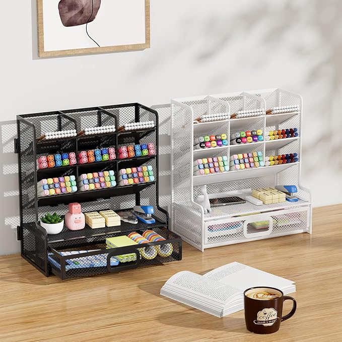 Marbrasse Larger Mesh Desk Organizer with Drawer, Multi-Functional Pen Pencil Holder, Easy Assembly, Desk Organizers and Accessories for Office Art Supplies (Black)