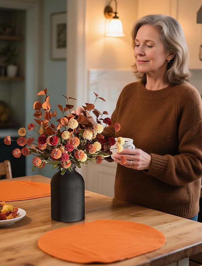 BLOSMON Flower Centerpiece Table Decorations: Metal Vase with 12 Stems of Fake Mums Kiku Flowers Eucalyptuses for Home Dining Room - Burnt Orange Artificial Pom Poms Floral Arrangement in Vase