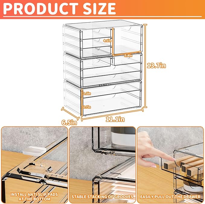 Yieach 3Pack Clear Drawer Organizers Stackable,Acrylic Storage Drawers With 10 Drawers,Multipurpose Office Supply Organizer and Makeup Organizer for Beauty,Craft,Pen,Medical,Stationary Desk Organizers