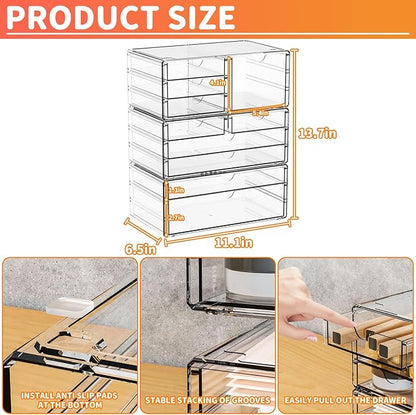 Yieach 3Pack Clear Drawer Organizers Stackable,Acrylic Storage Drawers With 10 Drawers,Multipurpose Office Supply Organizer and Makeup Organizer for Beauty,Craft,Pen,Medical,Stationary Desk Organizers