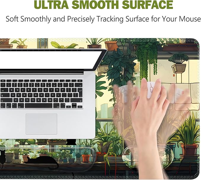 ToLuLu Extended Gaming Mouse Pad, Memory Foam Ergonomic Keyboard Mouse Wrist Rest Support Set, Large Desk Mat with Stitched Edges, Non-Slip Base Mousepad Home Office, Cute Green Japanese Kawaii Cat