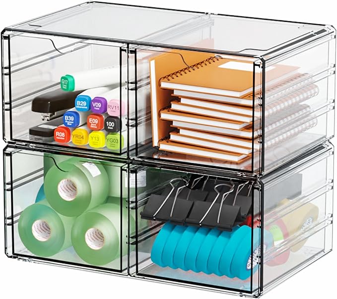 Yieach 2 Pack Acrylic Storage Drawers With 4 Drawers,Stackable Desk Organizers and Makeup Organizer,Large Clear Office Supplies Organizer for Pen,Medical,Art Craft,Stationery Organizer for Countertop