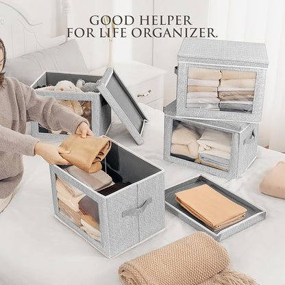 Fabric Storage Bins with Lids, Large Storage Cubes with Window, Fabric Storage Baskets Bins for shelves, Closet Storage Boxes for Clothes, Towel, Office, 4 Packs, Blended