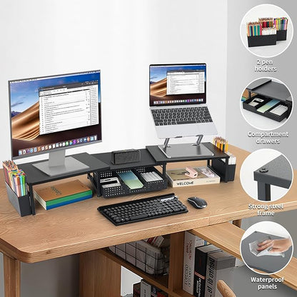 OPNICE Wood Desk Organizers and Accessories, Dual Monitor Stand Riser with Drawer and 2 Pen Holders, Desk Shelf Computer Racks for Office Workspace Organizers, Desktop Organization (Black)