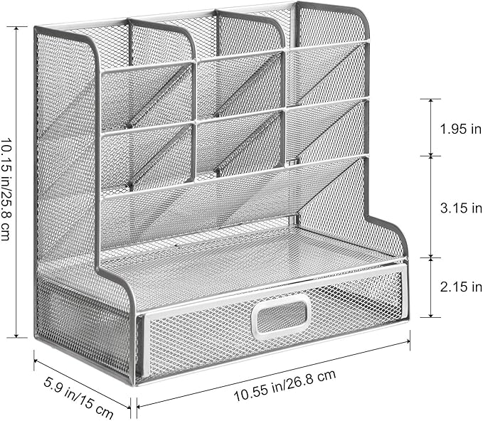 Marbrasse Larger Mesh Desk Organizer with Drawer, Multi-Functional Pen Pencil Holder, Desk Organizers and Accessories for Office Art Supplies (Silver Mesh Pen Holder with Drawer)